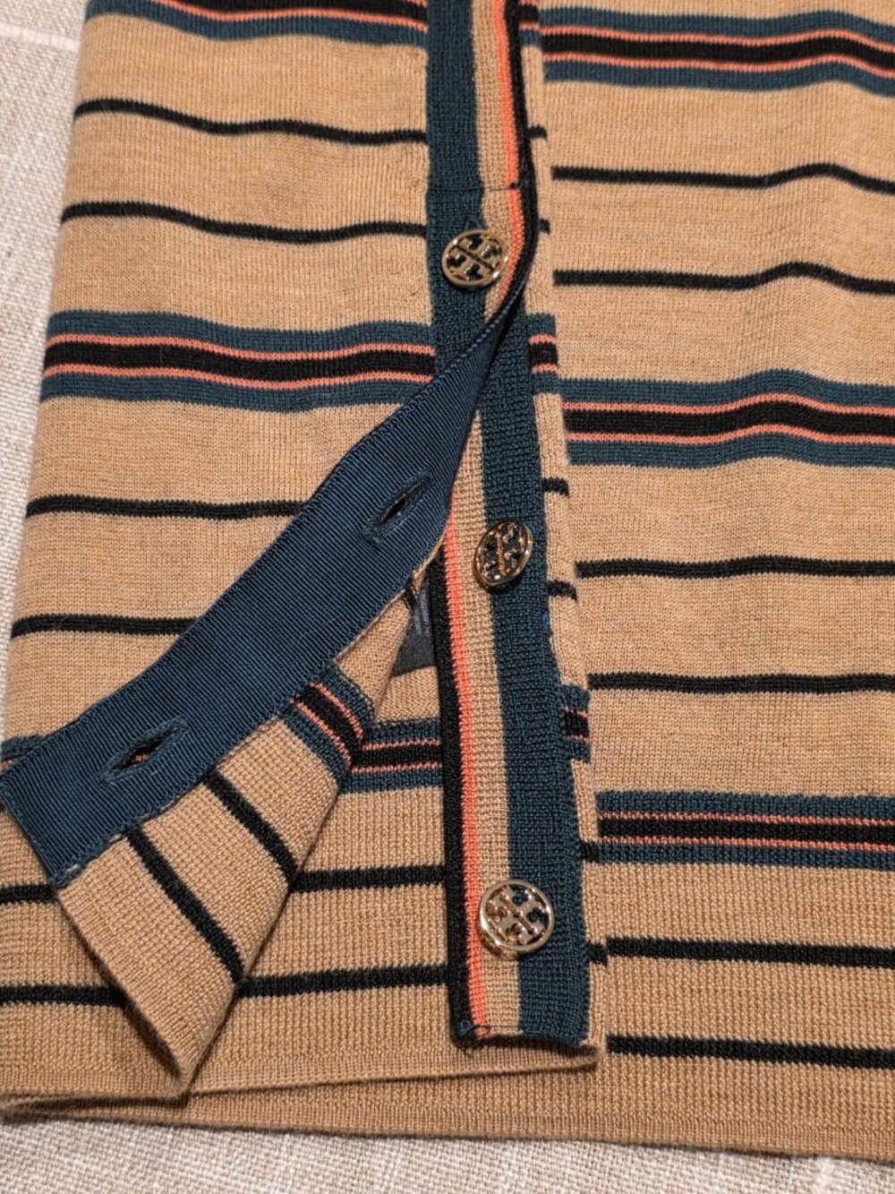 Tory Burch Madeline 100% Merino Wool Striped Sweater Gold Button Accent S - Picture 3 of 10